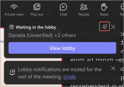 Captură de ecran a unei notificări de așteptare evidențiind pictograma Dezactivați sunetul acestor notificări.