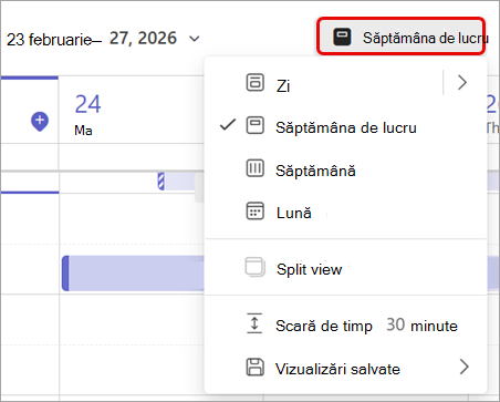 Captură de ecran evidențiind vizualizarea săptămână de lucru din calendarul Teams.