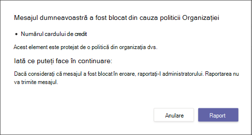Casetă de dialog care explică de ce un mesaj a fost blocat și nu poate fi înlocuit