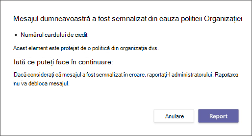 O casetă de dialog care explică de ce a fost semnalizat un mesaj de o politică de prevenire a pierderii datelor din organizație