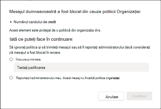 Înlocuiți opțiunile pentru politica de prevenire a pierderii datelor organizaționale