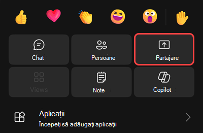 Un meniu al unei întâlniri cu opțiuni pentru a începe înregistrarea, a vă pune în așteptare, a vă apela, a partaja, a obține o tastatură sau a dezactiva componenta video primită.