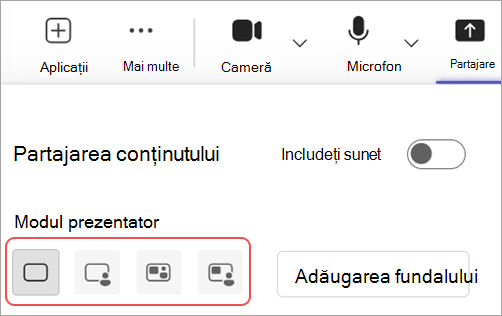 Captură de ecran care evidențiază moduri diferite pentru prezentator în controalele de întâlnire Microsoft Teams.