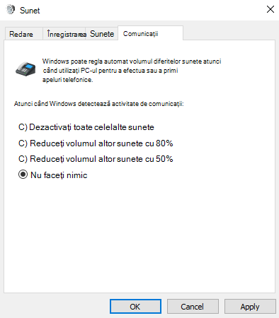 Fila Comunicații din Panou de control Sunet are patru modalități prin care Windows poate gestiona sunetele atunci când utilizați PC-ul pentru apeluri sau întâlniri. Nu se selectează nicio opțiune.