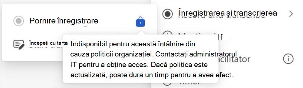 Ecran cu butoane de înregistrare și transcriere, afișând o fereastră pop-up care indică faptul că numai utilizatorii desemnați ca administratori pot iniția înregistrarea.