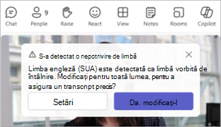 Captură de ecran a unei notificări Teams care vă solicită să actualizați o limbă vorbită de întâlnire.