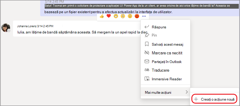 Meniul Mai multe opțiuni cu submeniul Creare acțiune nouă evidențiat.