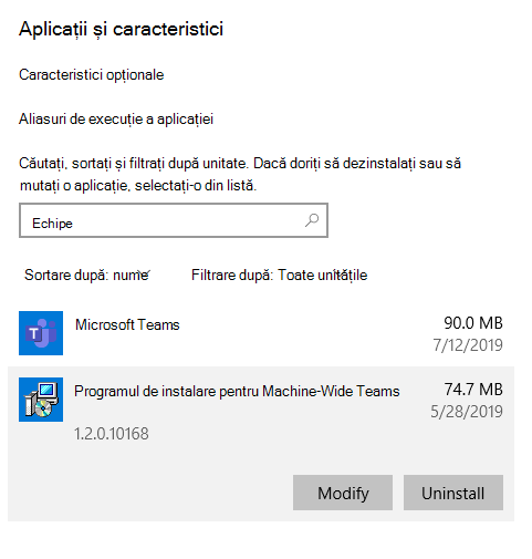 Un pas în procesul de dezinstalare Teams din Windows