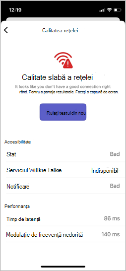 Ecranul Testare calitate rețea în Walkie Talkie