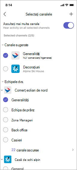 Ecranul Selectați canale din Walkie Talkie.
