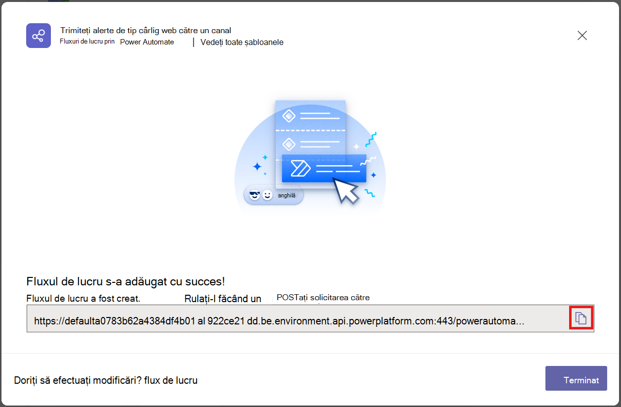 Butonul Copiere URL webhook