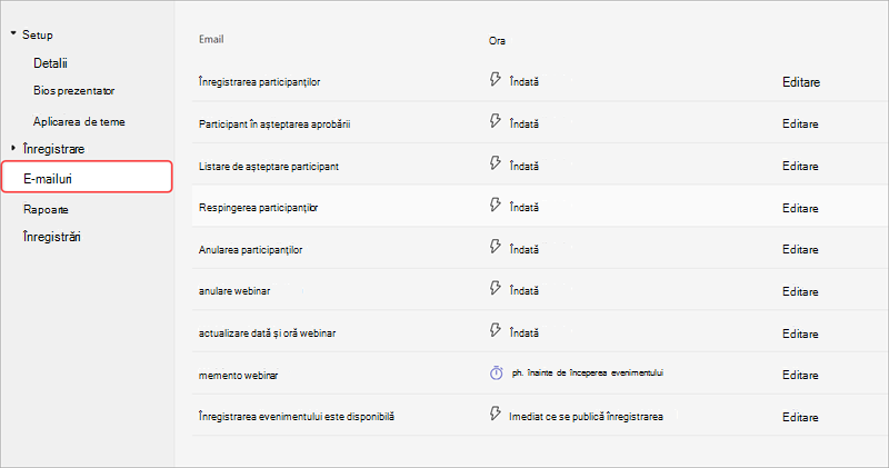 Captură de ecran a filei Comunicații din opțiunile de configurare a seminarului web, afișând mesajele de e-mail de webinar