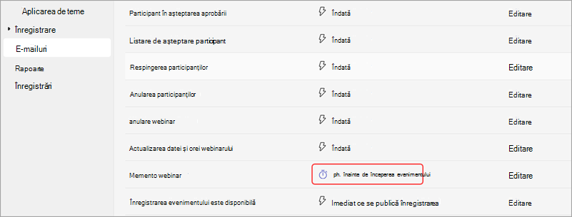 Captură de ecran cu modul de editare a orei de trimitere a e-mailurilor de memento pentru seminarul web