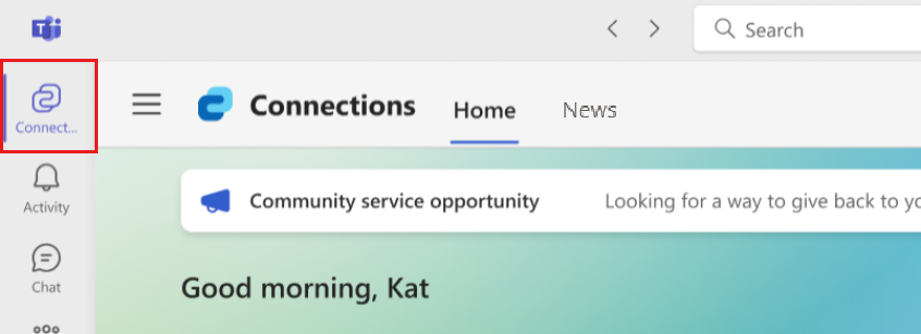 Captură de ecran care afișează pictograma Conexiuni din Microsoft Teams.