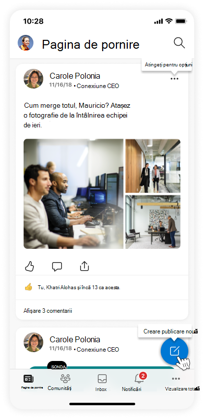 Imagine a ecranului de pornire din aplicația mobilă Viva Engage
