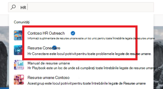 Imagine cu rezultatele căutării care afișează un amestec de comunități oficiale și neoficiale