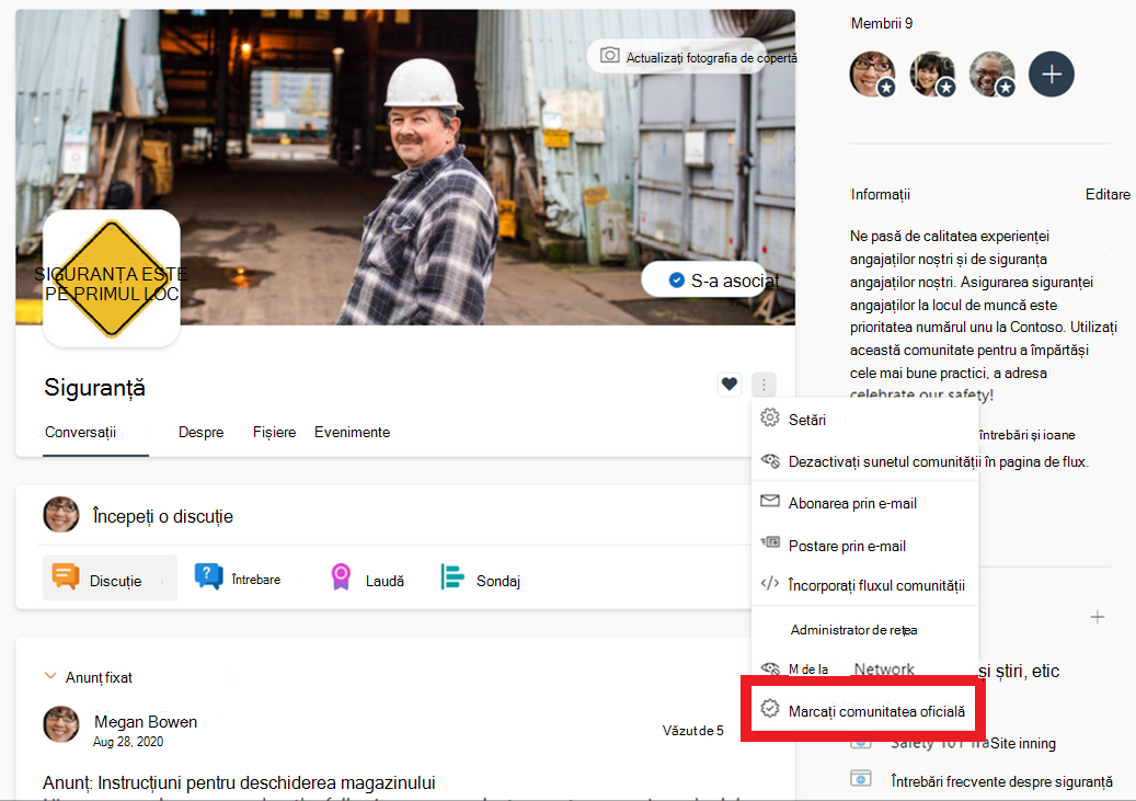 Imaginea unui meniu cu opțiunea Marcați comunitatea oficială evidențiată