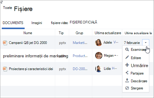 Lista verticală din coloana Ultima actualizare pe afișează acțiunile posibile