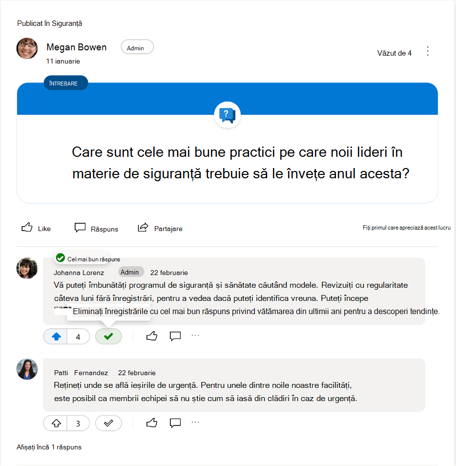 Anularea marcării celui mai bun răspuns la o întrebare Yammer