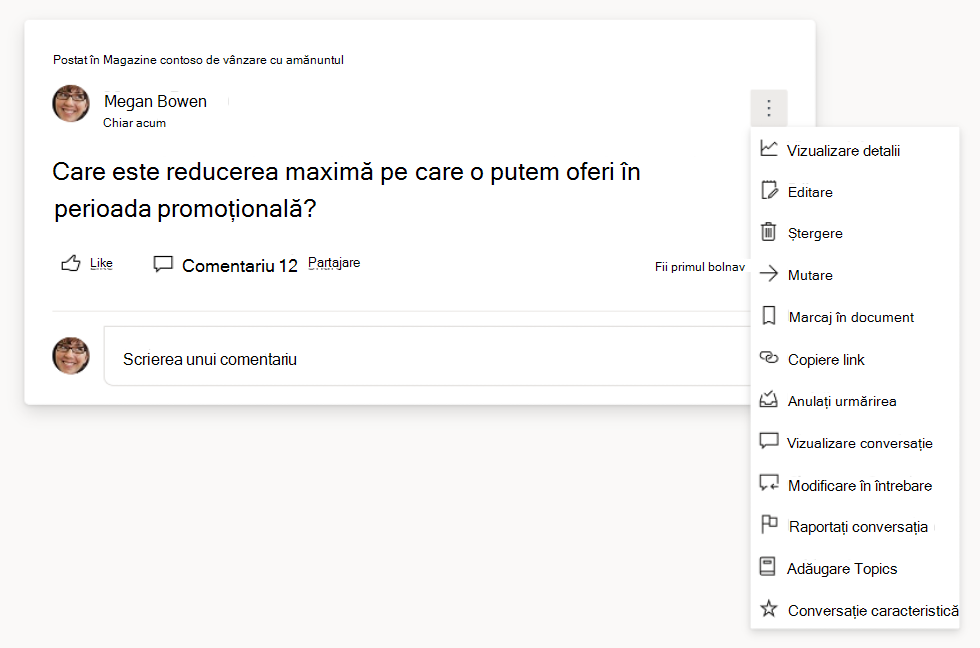 Captură de ecran afișând opțiunile pentru întrebări și conversații