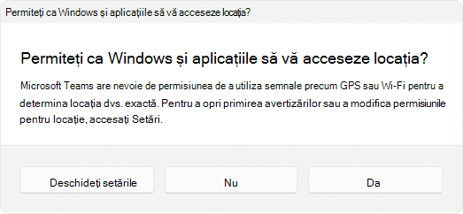 Captură de ecran a solicitării care îi solicită utilizatorului să permită unei aplicații să acceseze locația.
