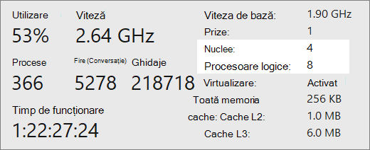 Ecranul de raport Nuclee și procesoare logice.