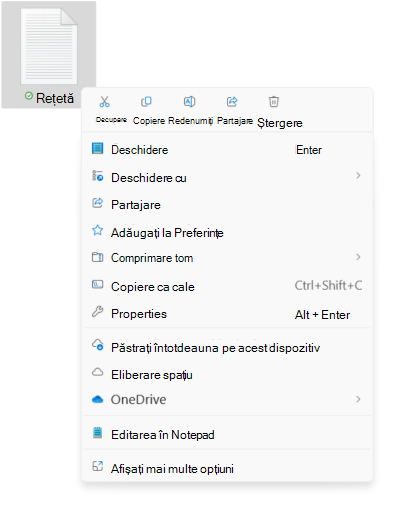 Captură de ecran a meniului contextual de fișier afișând noile opțiuni de decupare/copiere/redenumire/distribuire/ștergere.