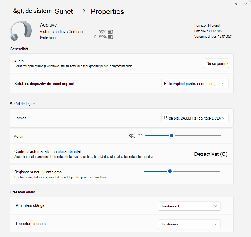 Captură de ecran cu Setări >> Proprietăți sunet > sistem afișând câteva opțiuni disponibile pentru configurarea unui dispozitiv de asistență pentru auz.