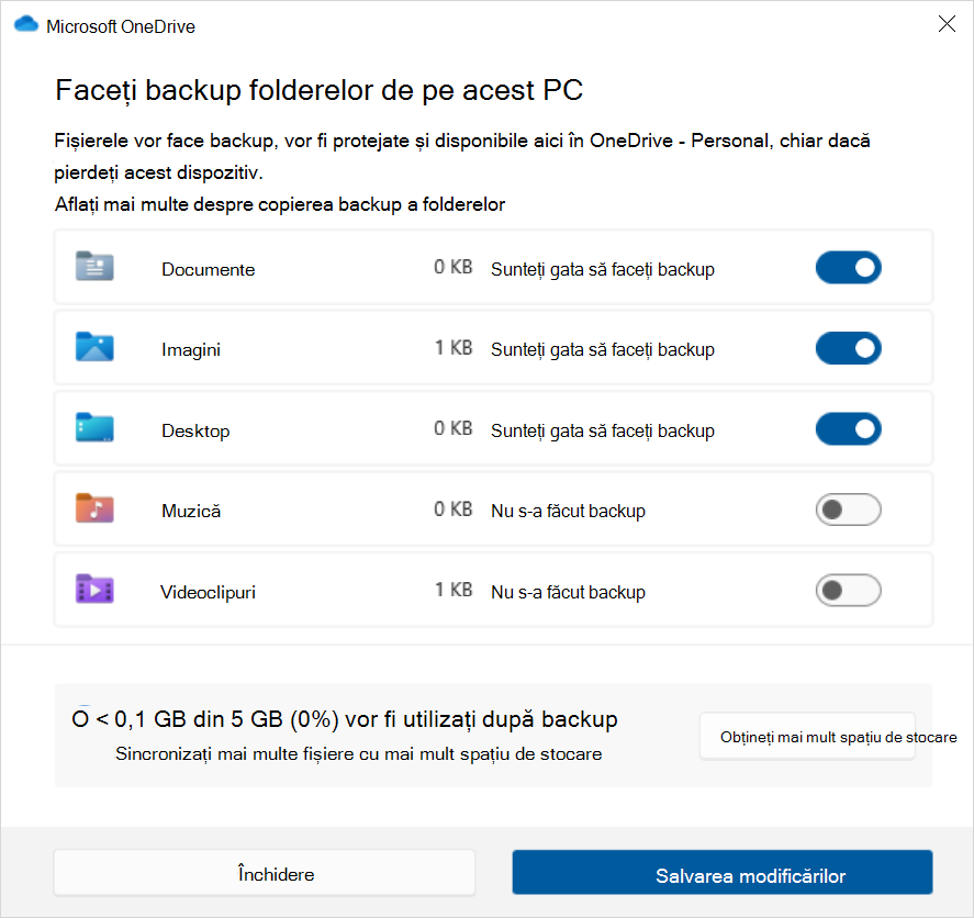 Captură de ecran a backupului OneDrive din Windows 10.