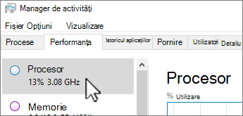 Fila Performanță și informații despre procesor.