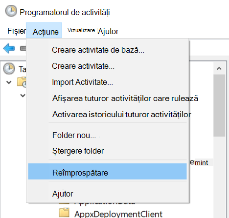 Selectarea Reîmprospătării acțiunilor > în Programatorul de activități.