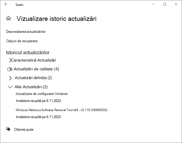Istoricul actualizărilor