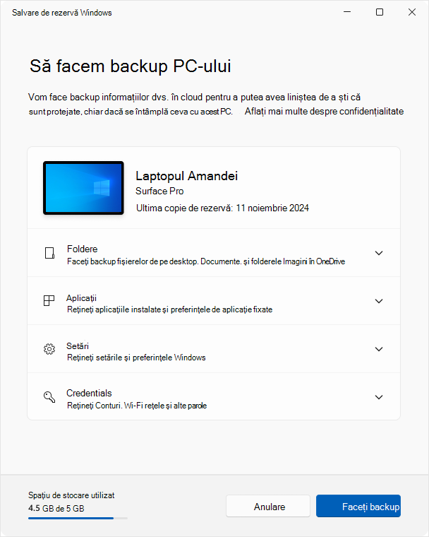 Captură de ecran cu Backup Windows în Windows 10.