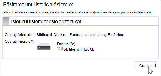 Captură de ecran a configurării copierii backup a istoricului de fișiere Windows.