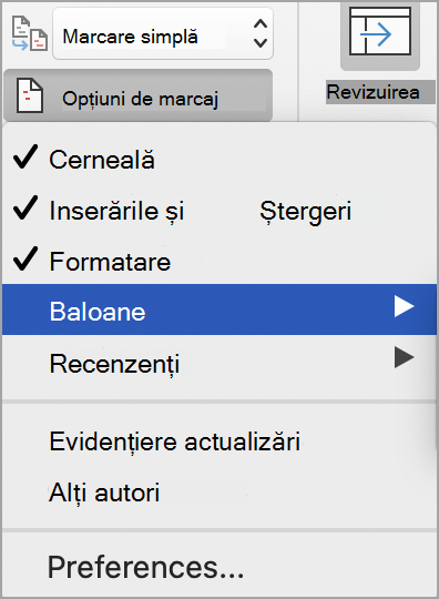 Opțiuni de marcare Urmărire modificări