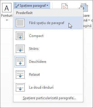 Fără spațiu de paragraf în meniul Spațiere paragraf