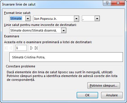Opțiuni Linie de salut