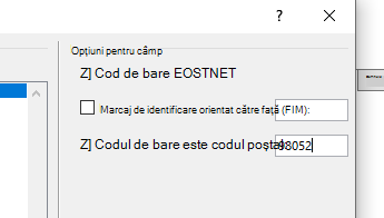 Secțiunea Opțiuni cod câmp