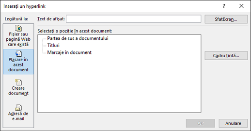 Crearea unui link la o locație din documentul curent