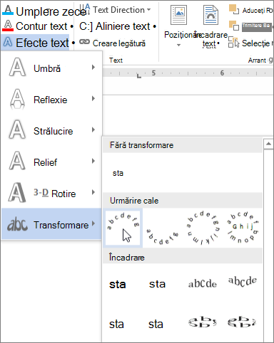 Selectați un efect de transformare curbat pentru text