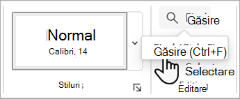 Captură de ecran afișând comanda Găsire pe fila Pornire din Word pentru web.