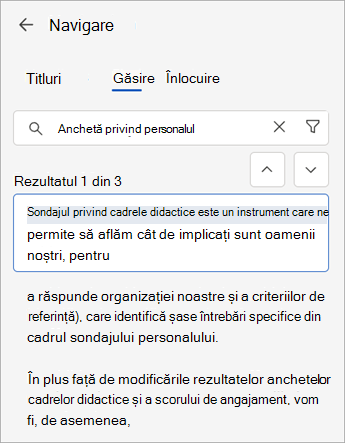 Puteți utiliza comanda Găsire împreună cu Panoul de navigare pentru a căuta documentul web în Word.