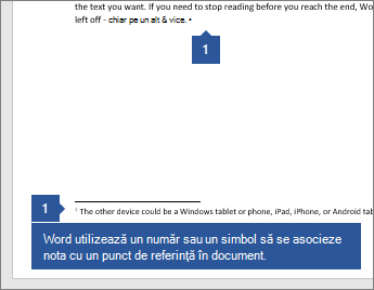 Word utilizează un număr sau un simbol pentru a asocia nota cu un punct de referință din document