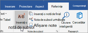 Pe fila Referințe, alegeți Inserare notă de subsol