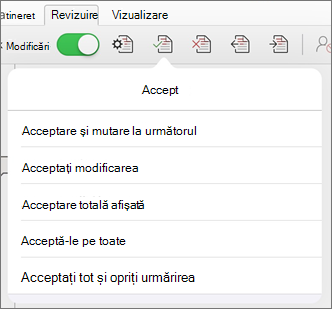Meniul Acceptare modificări