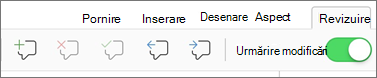Meniul Comentarii din fila Revizuire