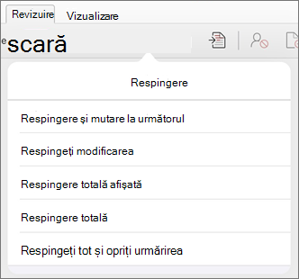 Meniul Respingere modificări