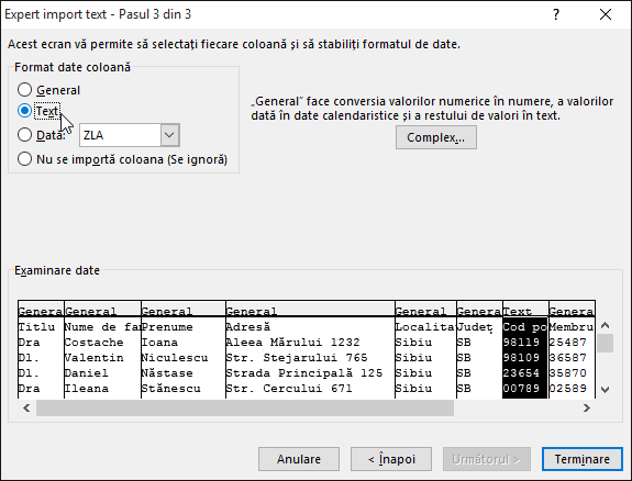 The Text option for Column data format is highlighted in the Text Import Wizard.