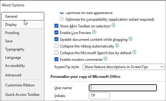 Word 2010 Personalize options