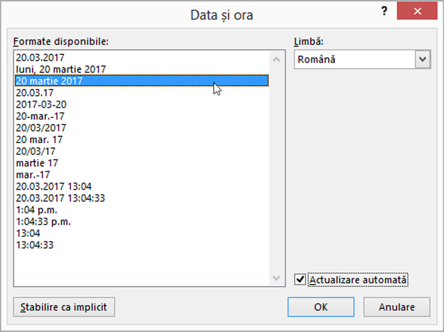 Bifarea casetei de selectare Actualizare automată